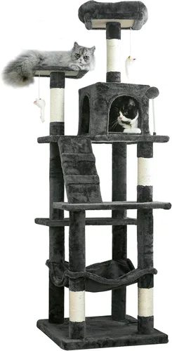 Vista 28 de MWPO - Árbol para gatos, multiestructura para gatos grandes con postes rascadores de sisal, plataforma acolchada, hamaca y condominio, torre Beige