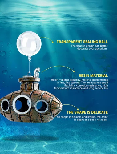 Vista 8 de Decoración Flotante para Tanque de Peces, Pequeño y Lindo Acuario Retro de Submarino con Dos Bolas Flotantes, Accesorio de Tanque de Peces