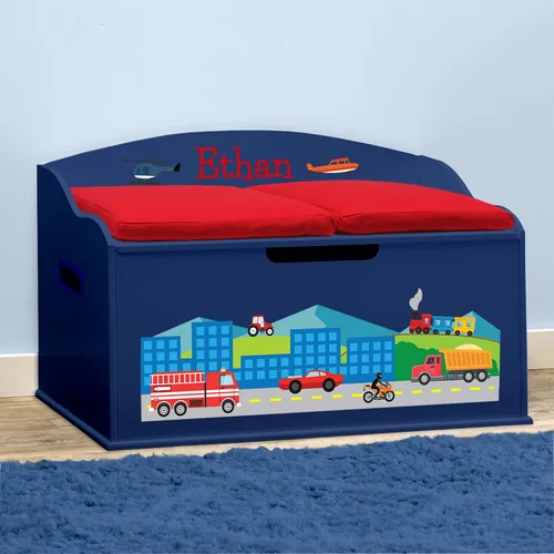 Vista 4 de DIBSIES Caja de juguetes personalizada Creative Wonders, automóviles, camiones, aviones y trenes, 30 x 19.25 x 18 pulgadas, tapa de cierre suave Azul
