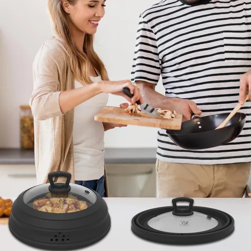 Vista 9 de Tapa protectora de salpicaduras de vidrio ventilado para microondas, con silicona plegable para alimentos como placa de cubierta de olla de 10.8