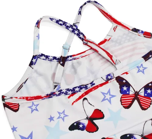 Vista 4 de Vestido de verano para niñas con tirantes delgados, vestido patriótico 4 de julio con la bandera americana