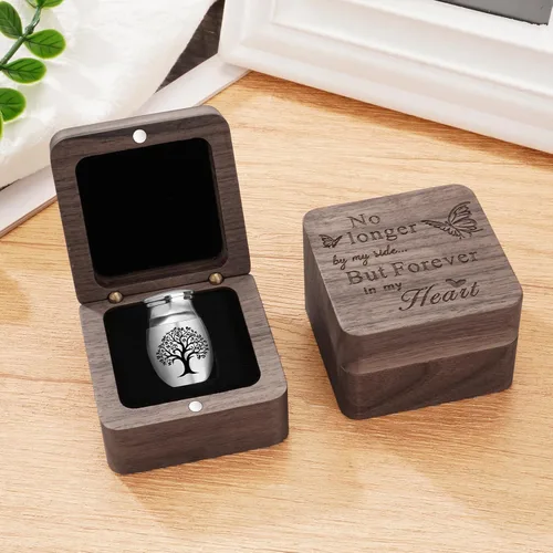 Vista 4 de SOITIS Urnas pequeñas para cenizas humanas, recuerdo de acero inoxidable, mini urnas para cenizas humanas, caja de madera para compartir cenizas