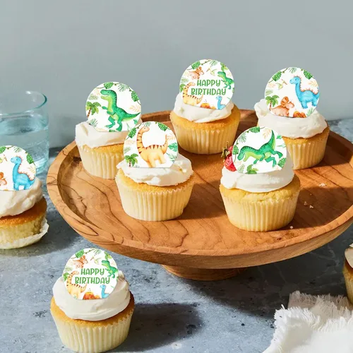 Vista 4 de 40 piezas comestibles de dinosaurio para cupcakes, papel de oblea, dinosaurio, bebé, dinosaurio, magdalena, decoración para fiestas de cumpleaños