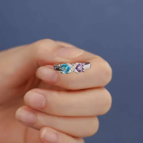 Vista 3 de Anillo personalizado para madres infinitas con 2 piedras natales de imitación de corazón, anillos de compromiso para mujer