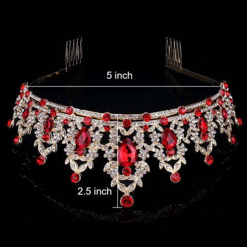 Vista 6 de WHAVEL Corona dorada de reina roja, corona de princesa con diamantes de imitación, accesorios para el cabello para cumpleaños, bodas, bailes