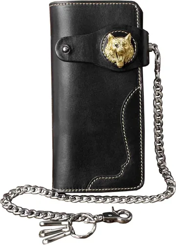 Vista 2 de Cartera larga de cuero gótico de lobo para hombre con tarjetero de cadena, Negro