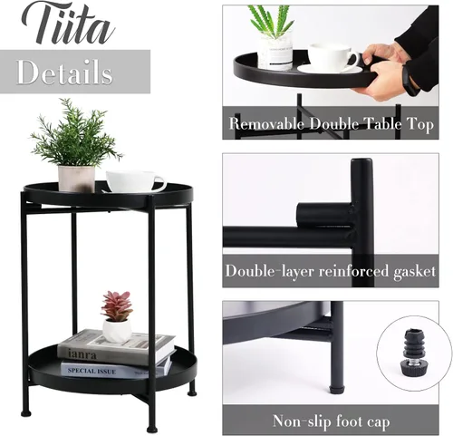 Vista 9 de Tiita 2 Pack Mesa Auxiliar Redonda Mesa de Centro Mesa Lateral de 2 Niveles Mesa de Noche/Mesa de Acento Pequeña de Hierro Mesa de Café para Sala