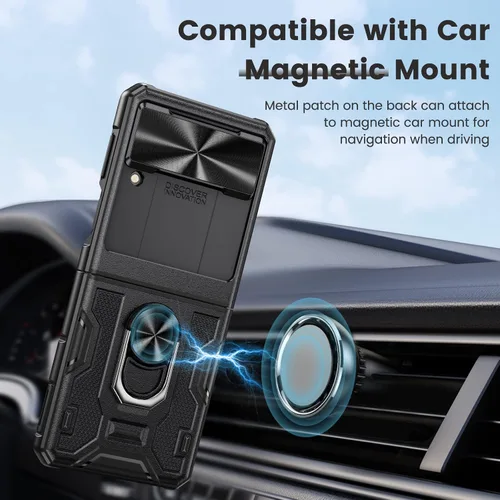Vista 5 de Caka Funda para Samsung Galaxy Z Flip 3 con soporte, funda para cámara y protección de bisagra con soporte de anillo giratorio de 360° integrado