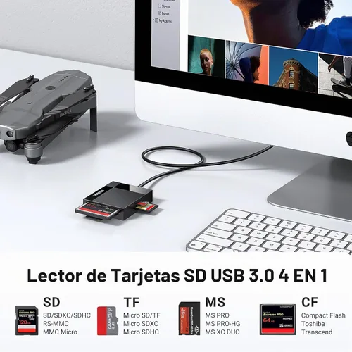 Vista 3 de UGREEN SD lector de tarjetas USB 3.0; adaptador Hub 5Gbps; lee 4 tarjetas simultáneamente; CF, CFI, TF, SDXC, SDHC, SD, MMC, Micro SDXC, Micro SD
