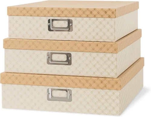 Vista 8 de Soul & Lane Cajas de almacenamiento decorativas de cartón con tapas para decoración del hogar, juego de 3 cajas de almacenamiento de fotos anidables