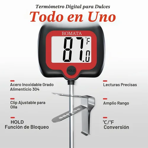 Vista 5 de BOMATA Termómetro digital de caramelo con clip para olla, termómetro de aceite para freír profundo con pantalla giratoria y sonda larga, para hacer
