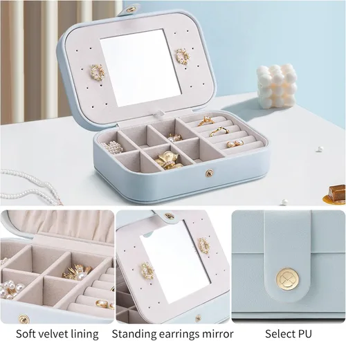 Vista 2 de Vlando Organizador de joyas de viaje pequeño para aretes collar anillo organizador de joyas portátil de viaje de doble capa para mujeres y niñas