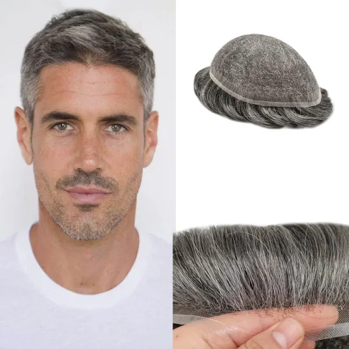 Vista 104 de PUNRU HAIR Completo Swiss Lace Toupee para hombres Sistema de cabello humano real Sistema de reemplazo de cabello humano para hombre Toupee