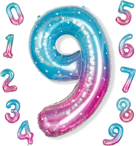 Vista 109 de Globos de Sirena Número 0 de 40 Pulgadas, Juego de Globos de Números Grandes Morado Verde Azulado Arcoíris 0-9, Globos de Números de Papel