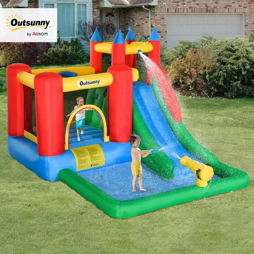Vista 2 de Outsunny Tobogán acuático inflable 6 en 1 para niños con piscina, cañón de agua, pared de escalada, inflador incluido, castillo de salto para niños
