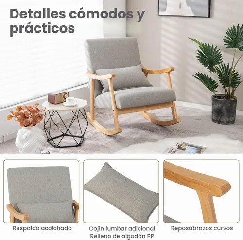 Vista 7 de GIANTEX Mecedora tapizada – Moderna mecedora con marco de madera de goma, cómodo respaldo y asiento, almohada acolchada de polipropileno, mecedora