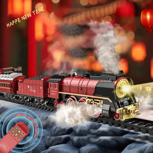 Vista 8 de Juego de tren vintage, tren a control remoto con luz, vapor y humo, modelo de locomotora eléctrica de árbol de Navidad con pista ovalada y carro