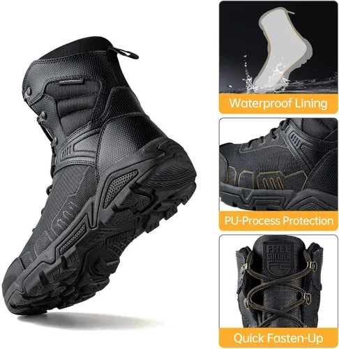 Vista 2 de FREE SOLDIER Botas tácticas militares para hombre, impermeables, botas de trabajo para senderismo, botas de combate duraderas