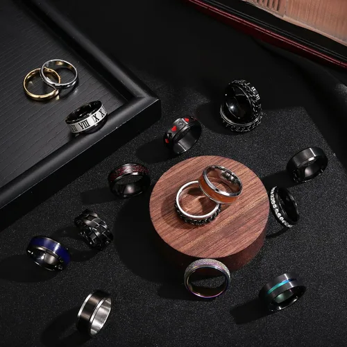 Vista 7 de Besteel Juego de 16 anillos giratorios de acero inoxidable para hombres y mujeres, anillos para aliviar el estrés y la ansiedad, color negro