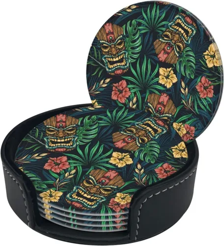 Vista 3 de Famame 6 posavasos hawaianos de cuero con hojas tropicales Tiki para bebidas con soporte, juegos de posavasos para mesa de bebidas, posavasos