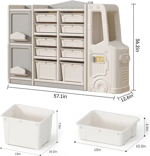 Vista 2 de Organizador de almacenamiento de juguetes para niños, organizador multiusos para libros y juguetes con 10 contenedores, 2 gabinetes, 3 estantes