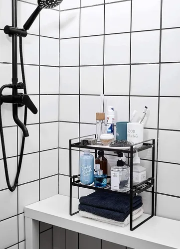 Vista 8 de Shantton Paquete de 2 estantes de gabinete de cocina, estante organizador de despensa, baño, dormitorio, oficina, mesa, escritorio, ahorro