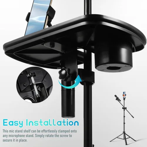 Vista 4 de Toyvian Bandeja universal para micrófono con soporte para bebidas, soporte de micrófono ajustable, soporte de teléfono para transmisión en vivo