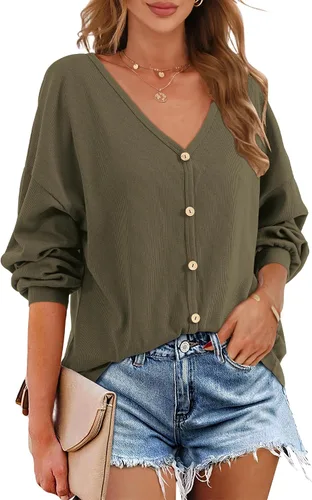 Vista 4 de Beluring Women's Shirts V Neck Long Sleeve Waffle Knit Button Up Tunic Tops Blouse verde militar (s-army green)