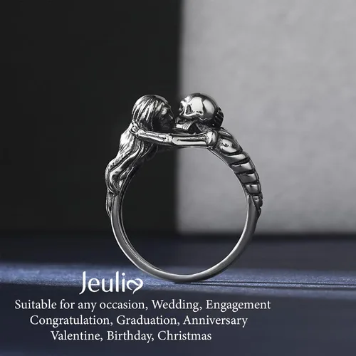 Vista 6 de Jeulia Anillos góticos de calavera negra de plata de ley con diseño de beso de la muerte para mujeres, hombres, parejas, joyería de Halloween