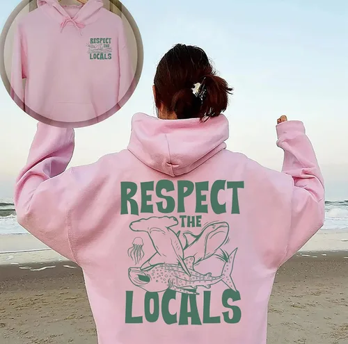 Vista 4 de CURTIZON Respect The Locals - Sudadera con capucha de tiburón, diseño inspirado en el océano