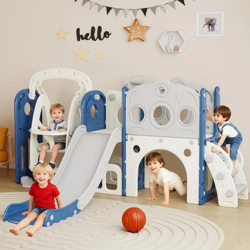 Vista 15 de DOREROOM Tobogán, columpio y tobogán para niños pequeños de 1 a 2 años con aro de baloncesto, telescopio para interiores y exteriores, parque