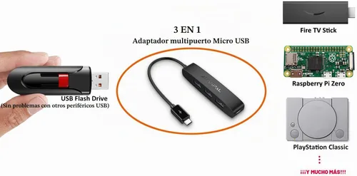 Vista 2 de Adaptador de Hub OTG Micro USB de 3 Puertos (3 Puertos USB + Puerto de Alimentación) para Fire Stick 4K, PlayStation Classic, Raspberry Pi Zero