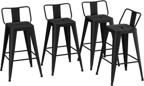 Vista 9 de Juego de 4 taburetes de bar de metal de 24 pulgadas, taburetes de altura de mostrador con respaldo extraíble, taburetes de bar negros para isla