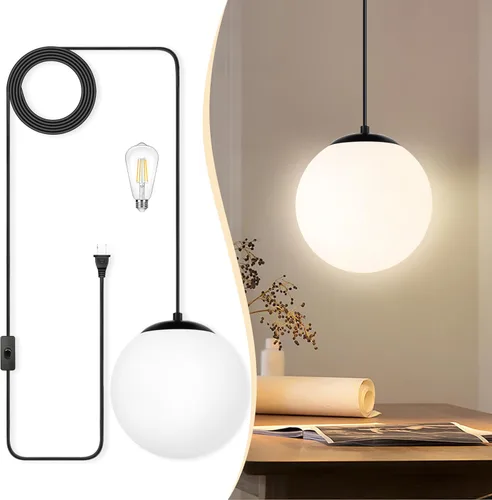 Vista 25 de KoKo&Yukina Luces colgantes modernas de globo de vidrio dorado de 6 pulgadas, paquete de 2 lámparas colgantes de vidrio transparente de mediados