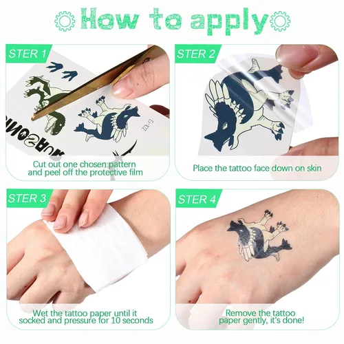 Vista 5 de Zonon 90 piezas de tatuajes temporales de dinosaurio luminoso, tatuajes temporales, calcomanías brillantes de dibujos animados, tatuajes de selva