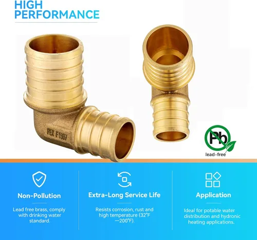 Vista 4 de Paquete de 10 codos reductores de crimpado GUOFIS PEX, 3/4" x 1/2" LF latón PEX montaje codo de 90 grados para tubería Pex (PEX1807064-10)