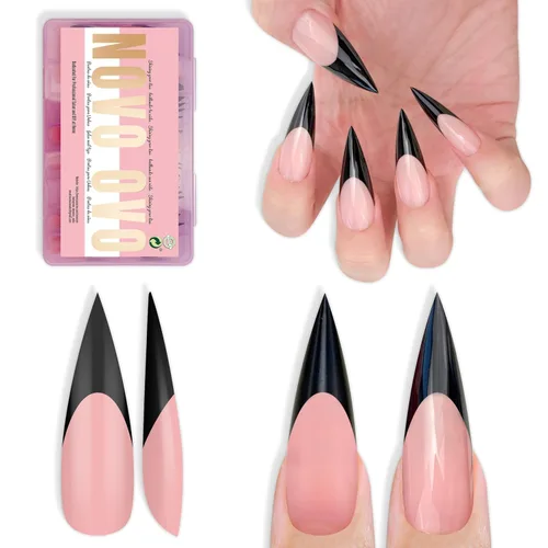 Vista 19 de NOVO OVO - Puntas de uñas postizas largas XL, puntiagudas, de tacón aguja, autoadhesivas, extra largas, gruesas, de gel suave, doble mate