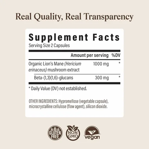 Vista 9 de Lions Mane Mushroom Cognition (120 cápsulas) Cápsulas de extracto de hongo de melena de león Suplemento para el cerebro, vitaminas cerebrales