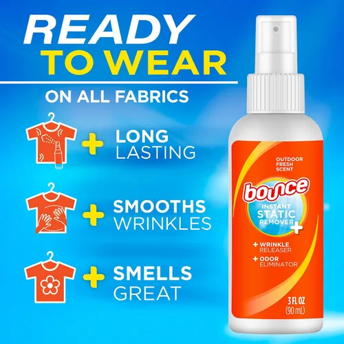 Vista 3 de Bounce Spray antiestático, 3 en 1 spray antiestático instantáneo y liberación instantánea de arrugas, eliminador de olores y refrescante de tela