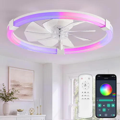 Vista 9 de LEDIARY Ventilador de techo con luz, lámpara de bajo perfil de 20 pulgadas Blanco