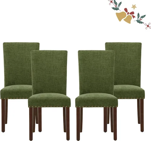 Vista 19 de Juego de 2 sillas tapizadas de tela para comedor, sillas de cocina estilo Parsons con ribete de cabeza de clavo y patas de madera - Beige