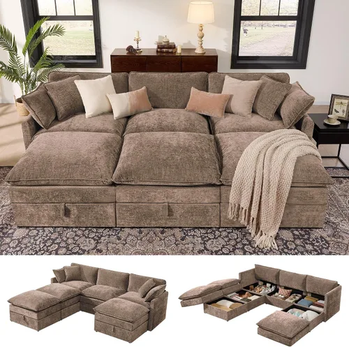 Vista 40 de Ihanherry Sofá modular de 103 pulgadas con almacenamiento, sofá de nube en forma de U con otomanas móviles y 4 almohadas, sofás seccionales