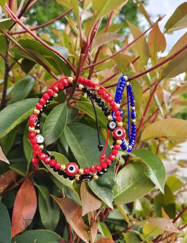 Vista 4 de Pulseras de cuentas de mal de ojo para mujer, pulsera de protección azul y rojo con amuleto, pulseras de hilo ajustable de buena suerte
