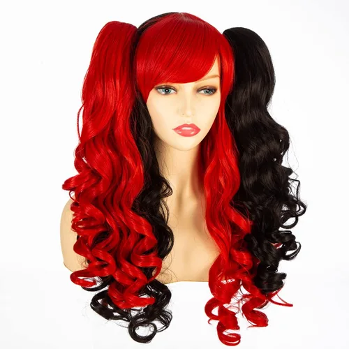 Vista 4 de MAN SI Peluca larga y rizada con clip de doble garra para mujer, pelucas de cosplay de anime de Halloween (negrorojo)