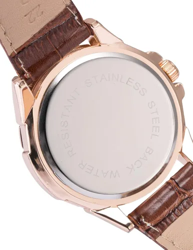 Vista 3 de ORKINA Reloj deportivo de lujo oro tono redondo fecha marrón banda de cuero hombres reloj deportivo ORK083, Oro, Reloj de cuarzo