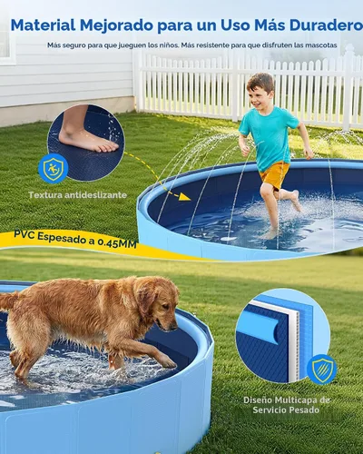 Vista 4 de VISTOP Piscina plegable para perros de 97 pulgadas con rociador, piscina grande de carcasa dura para mascotas, piscina plegable antideslizante