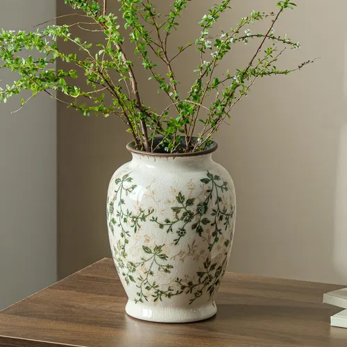 Vista 22 de Jarrón de cerámica verde y blanco con asa, florero rústico para decoración de hogar estilo “chinoiserie”, “grandmillenial” y toscano, jarrón