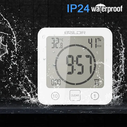 Vista 3 de Temporizador de ducha digital con pantalla táctil impermeable, pantalla de temperatura y humedad, reloj de baño con ventosas y agujero para colgar