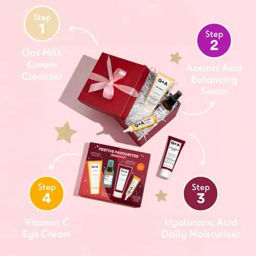 Vista 6 de Q+A Set de regalo Festive Favourites que contiene un hidratante de ácido hialurónico (2.5 fl oz), un limpiador en crema de leche de avena