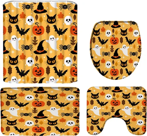 Vista 6 de 4PC Blue Halloween Shower Curtain Set Cute Ghost Horror Pumpkin Spooky Cat Scary Skull Bat Magic Witch Hat Gothic Spider Web Bath Rug with U-Shaped